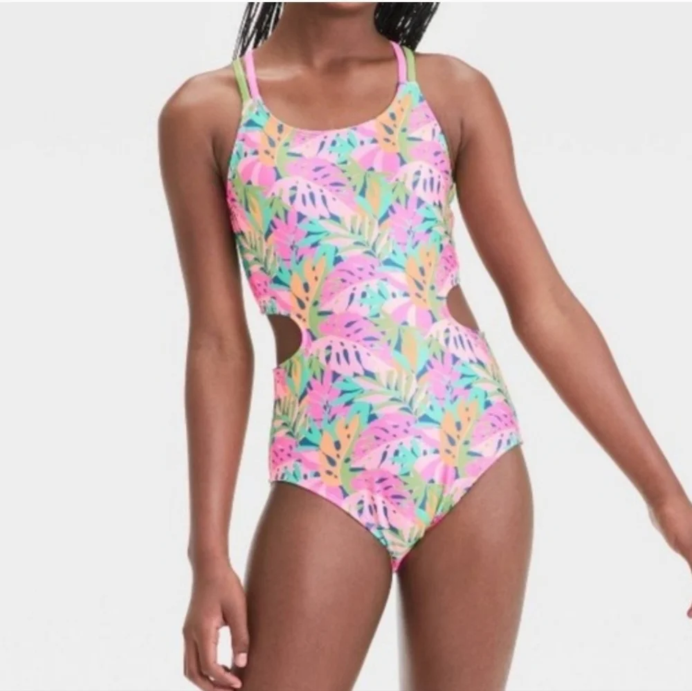 NWT art class Pink and Green Leafy One Piece Swimsuit M C90